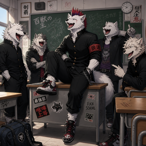 A middle school aged delinquent white male dire wolf wearing a gakuran with a crimson spiked mohawk. He is sitting on a desk in the classroom surrounded by his friends laughing at a crude joke. Anime style, full body.