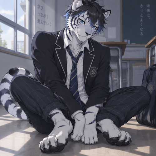 male white tiger,slim, high school, blue eyes, short black hair with blue tips, digitigrade feet, anime style, high schol uniform, sitting with legs folded