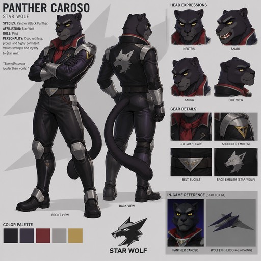 Panther Caroso from the Star Fox game, member of Star Wolf, reference sheet