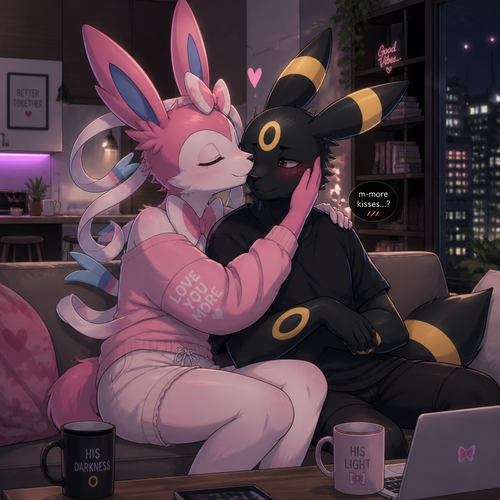 In an anthropomorphic universe, both young male adults couples living together in a modern apartment. Gay marriage. Animated verse. A shy Umbreon getting more loved and smooched by a gorgeous Sylveon that wears something comfortable.