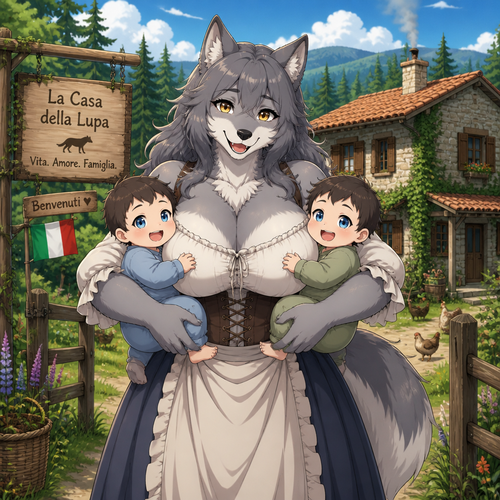 A well-made thick and busty adult anthropomorphic grey Wolf (female character) in Italy, who sees two baby boys (the twins) and decides to adopt them. Lives in a farm land alone in the woods. Anime version. Front view. Friendly. Being a mother Wolf.