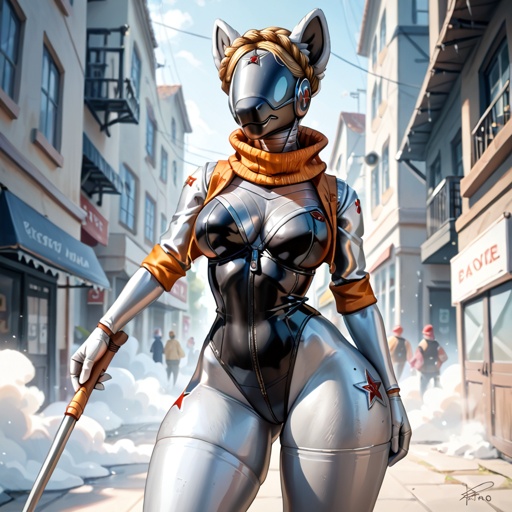 A busty female adult Protogen with thick thighs, wide hips, and fluffy neck in the Atomic Heart universe that can’t resist the level of rock and role. *well-made art & view* *in Atomic Heart the video game* *a sexy tomboy character also badass* *plays a electric guitar at the metal band on stage*