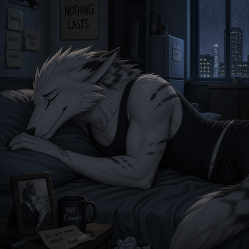 A sad grown male Sergal laying on bed eyes closed tears dripping a little at the small apartment for being hurt and betrayed by his ex-boyfriend the billionaire Sergal to forget about their relationship and the rest.
