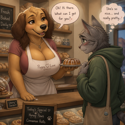 A well-made busty female anthro grown dog with floppy ears who works at the bakery and wears an apron. Meets a kind shy anthro male cat who likes. 