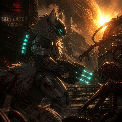 A thick fluffy Protogen in Dead Space universe, carrying a plasma cutter for self defense and fighting for survival in a city in space, close to the planet and near the sun. A well anime version. A sci-fi horror. Side view. Scary art view.