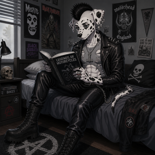 A high school aged male Dalmatian wearing leather pants, grey shirt with rips and tears showing some abs, leather jacket with short spikes, combat boots, and a short black Mohawk. Right ear is pierced with three skull shaped earrings, has a Mjölnir pendant around his neck and a skull ring with rubies for eyes on his right hand. Sitting on his bed reading a motorcycle book. Anime art style, solo, full body.
