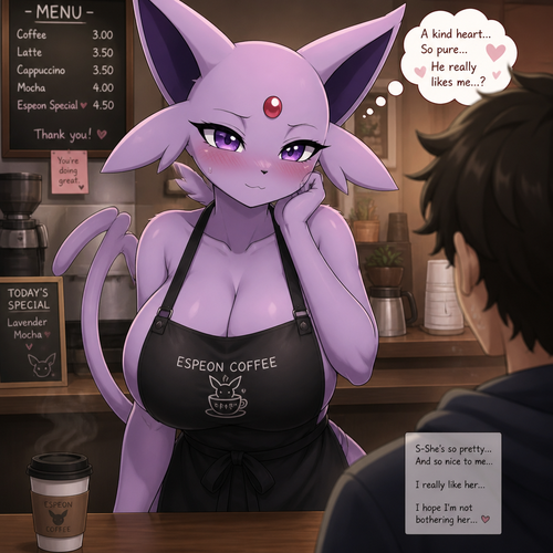 A well-made busty grown mature female Espeon that wears an apron who works at the coffee place who finally finds a nice person with empathy who likes her nervously and a virgin while she’s been in a bad mood long enough of reading minds silently. In an animated verse. Front view. Had a crush.