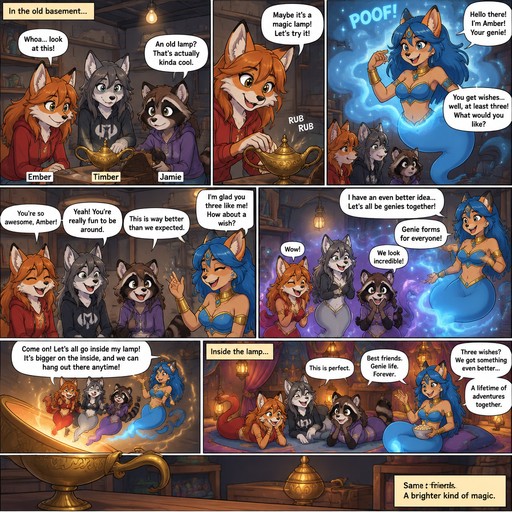 A multi panel comic about a teenage female anthropomorphic fox named Ember a teenage female anthropomorphic wolf named Timber and a teenage female raccoon named Jamie. It starts with them in a basement finding a genie lamp and rub it then a female anthropomorphic fox genie comes out, the genie has a blue tail and is named Amber and looks teenage age. After a little while they become friends and Amber turns everyone into genies and they go into her lamp and hang out together, animated style
