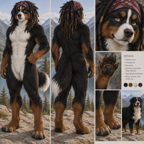 gold eyes, dreadlocks, bernese mountain dog, plantigrade footpaws, brown fur on cheeks and hands and legs below knees and elbows, white fur on belly chest and chin, black fur, bandana on head
