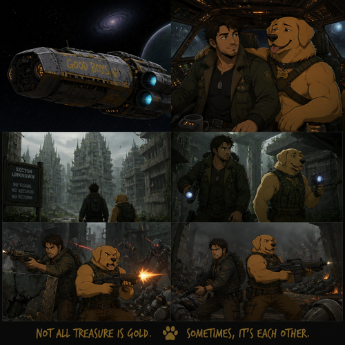 In a lone galaxy, a well-made animated version. In a spaceship, a human pilot/scavenger, and his partner a thick homosexual anthro gay golden retriever with floppy ears. Both finding themselves on a scavenging hunt and defend themselves from any threats even robots. In a abandoned planet unknown in a concrete jungle.