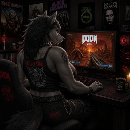 A busty tomboy dire Wolf female that wears a tank-top while facing a scariest action game DOOM (2016) on PC for her views. Well-made animated version view. Wears eyeliner and lipstick. A goth and hard rock fan. Backshot view.
