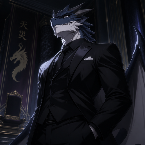 Gabiru from Reincarnated as a slime. Wearing a stunning black suit and tie. Standing in a pose that just screams “I’m better than you”.
