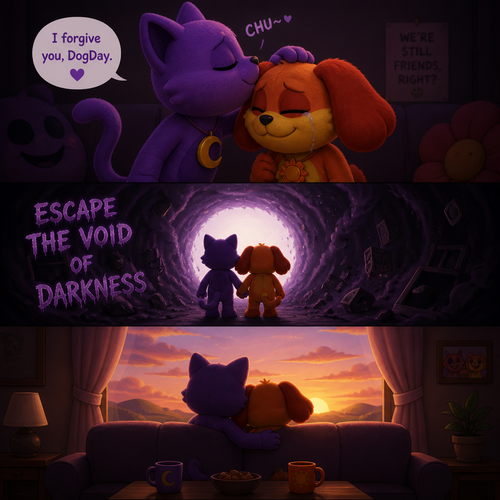 In a smiling critters verse, Catnap forgives DogDay and gives a chu in a forehead, Escape the void of darkness, sits down on a sofa, and at the dawn shown.