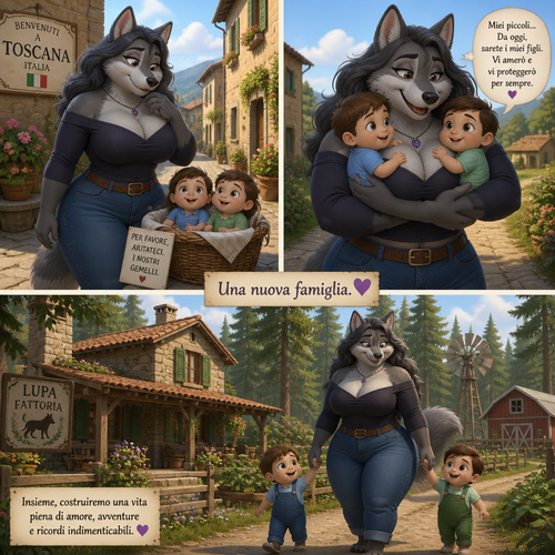A well-made thick and busty adult anthropomorphic grey Wolf (female character) in Italy, who sees two baby boys (the twins) and decides to adopt them. Lives in a farm land alone in the woods. Animated version. Front/side view.
