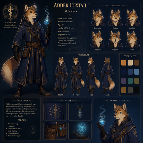 A male alchemist anthropomorphic dog fox in his early twenties named “Adder Foxtail” in a dark blue robe, is nice and is ready for a appearance, the apprentice is not in the picture, reference sheet, animated version 
