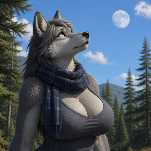 A busty (well-made anthro female character) fuzzy Grey Wolf that wears a scarf who’s been looking up above and see a moon at day in the forest alone.