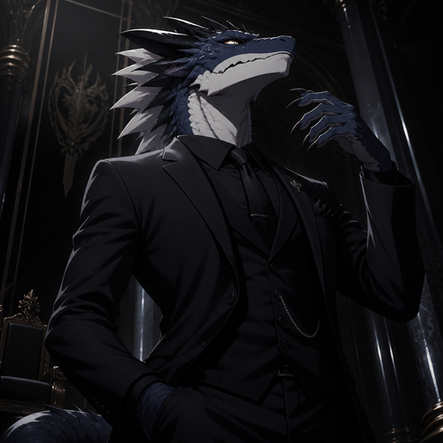 Gabiru from Reincarnated as a slime. Wearing a stunning black suit and tie. Standing in a pose that just screams “I’m better than you”.