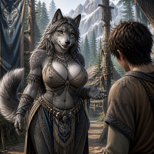 A lovely well-made female fuzzy adult character, a beautiful grey Wolf with large breasts and wears some cloth from her tribe. Sees a young man all shyness. Being friendly and polite. Tail wagging and smiling. Came in peace with no harm. An alpha female.