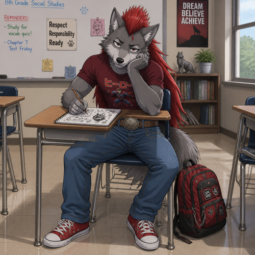 A middle school aged male grey wolf wearing blue jeans with leather belt that has a cowboy belt buckle, tight maroon shirt with a superhero in it, red sneakers, and a red Mohawk hairstyle with the hair in the back going to the small of his back. He is sitting at a desk bored doodling in his notebook. Anime art style, full body.