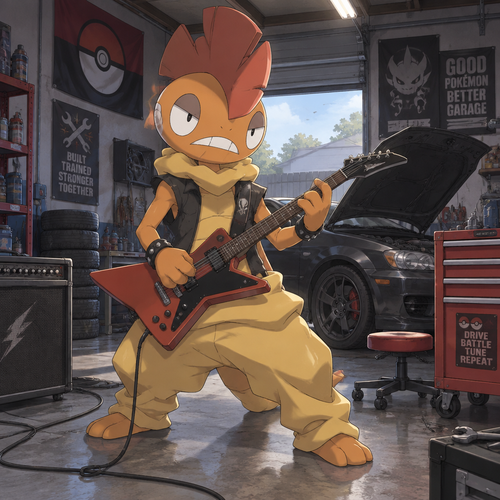 Male Scrafty playing a electric guitar in his car garage. Anime art style, full body.