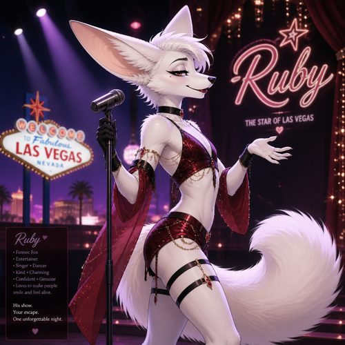 A well-made white furred fennec Fox male named Ruby, wears something attractive for entertainment for a show by self to dance/sing. Wears eyeliner and lipstick. Has a bushy tail. A grown femboy anthro. A star in Las Vegas. Well groomed. Side view. Animated verse. Has good personality.