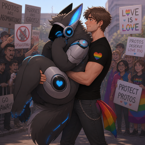 A shy (well-made original character) thick grown Protogen who’s been carried by a friendly/loving Human male as a liberal and a Protogen lover who is saving from the haters. Well-made animated version. Side view.