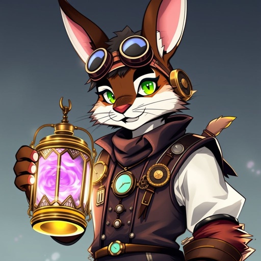 Steampunk male bunny furry holding a brass lantern full of purple magic