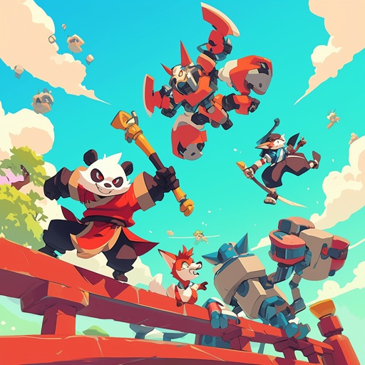 Generate a cartoon furry adventure scene inspired by Cartoon Network's over-the-top action shows, with a kung-fu fighting panda and a technowizard fox battling robot pirates on a flying pirate ship. --niji 6