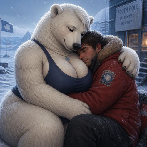 A busty well-made lovely anthro female polar bear that has thick thighs and thick fur who lives in a South Pole. Giving a man a gentle cuddle for warmth.