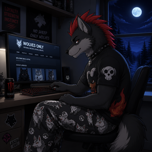 A young male dire wolf wearing mightyena theme pajama pants and houndoom theme shirt, has a red mohawk hairstyle. Sitting at a computer desk browsing a male wolves only website. Next to the desk built into the wall is a window showing its nighttime outside. Anime art style.