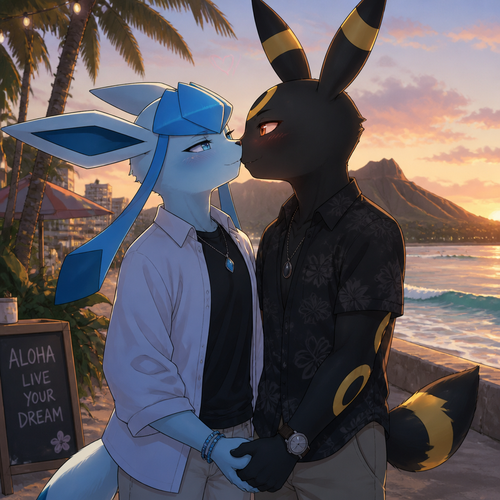 Barron Lucian Glaceon (The Barron Glaceon that wears eyeliner) so happy yet in love with his true soulmate, Rick (the non-rich grown Umbreon) decided to live Hawaii where Rick lives, wants to hold hands and kiss, and marry him anytime. In modern life. Well-made version and characters. Nothing like some billionaire lunatics. Anime.