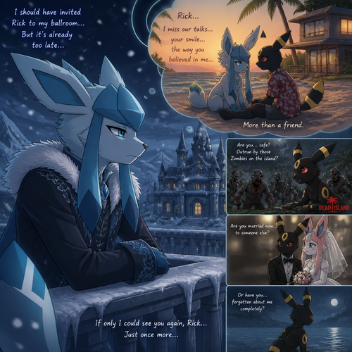 In an anthropomorphic Pokemon universe, A sad Glaceon (the adult Barron with no name) who lives in a snowy land and misses a non-rich grown Umbreon male who lives in a small modern house at the beach in Hawaii island named Rick, and wishes to see him again. Well-made anime version. Knew that he should invited Rick at his ballroom but it’s already too late. More than a friend. Worried and afraid about if Rick was married or outrun by Zombies (like the game;Dead island) or perhaps forgotten about him.