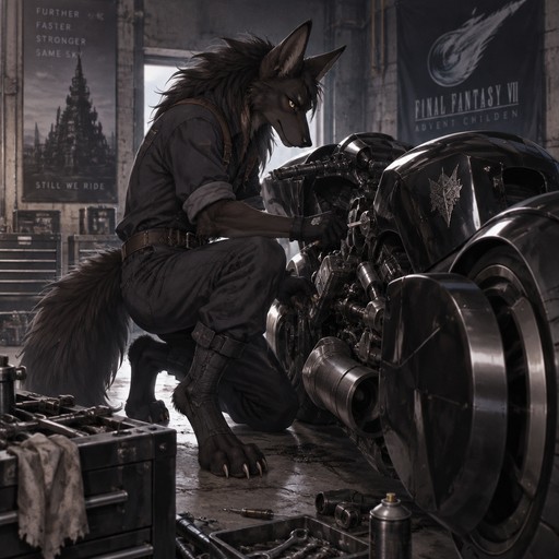 male, maned wolf, black fur, digitigrade feet, gold eyes, final fantasy advent children motorcycle, working on motorcycle