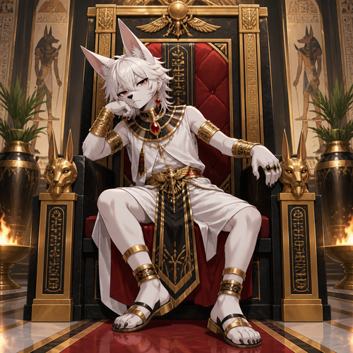 A middle school aged male anthropomorphic albino jackal wearing an Egyptian prince outfit with gold bracers, ruby earrings, and obsidian rings. He is sitting on a throne bored. Anime art style, full body.