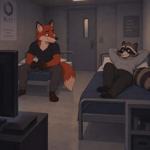 A male anthropomorphic fox with red fur and a male anthropomorphic raccoon in a room in a lab together, the room is a basic concrete room with two beds and a tv so that they are not bored, animated style