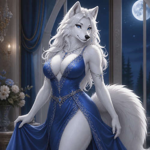 furry white wolf women with a blue dress