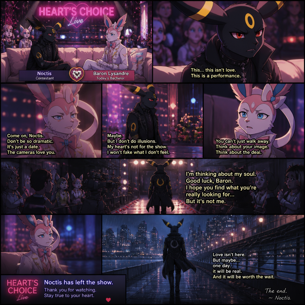 In a well-made anthro Pokemon universe, an non-rich grown brave male half gothic Umbreon refuses to accept the sham date with a grown richest male Sylveon (the careless Barron) on a live dating fantasy show (in modern life) and decided to leave because love isn’t here. A well-made animated version. A sad but a good truthful ending.