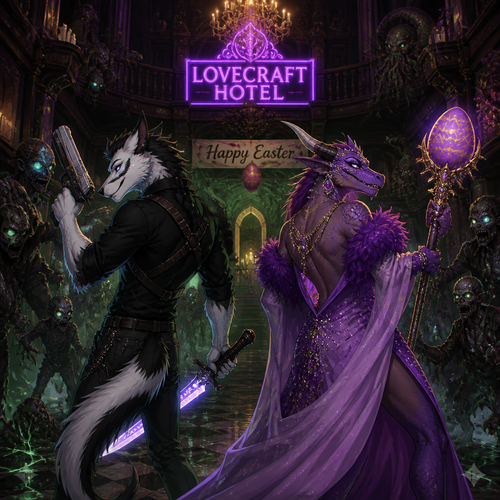 A well-made homosexual male character, Sergal and the drag queen a Dragon male, both facing the living dead inside the lovecraft hotel on today’s Easter. A badass animated version of reality.