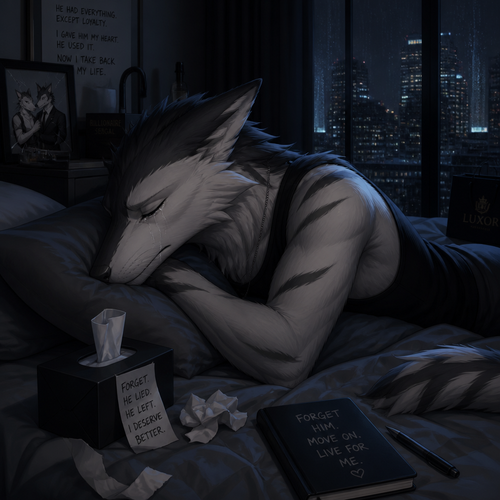 A sad grown male Sergal laying on bed eyes closed tears dripping a little at the apartment for being hurt and betrayed by his ex-boyfriend the billionaire Sergal to forget about their relationship and the rest.
