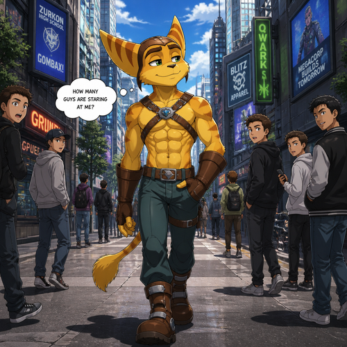 A high school aged Ratchet from Ratchet and Clank wearing his normal clothes but instead of a shirt it is instead a leather harness with a 16 pack of abs showing. He is walking confidently down a street in a big city wondering how many guys are staring at him. Anime art style, full body.