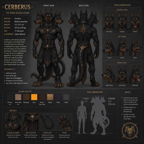 Anthropomorphic Cerberus reference sheet