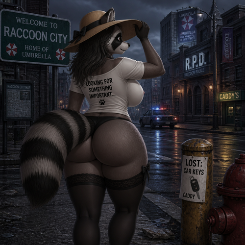A well-made adult female raccoon character with a shirt on that has thigh highs and boobs who’s looking for something like a car keys for a caddy also wears a sun hat. Animated version. At the Raccoon city. Backshot view.