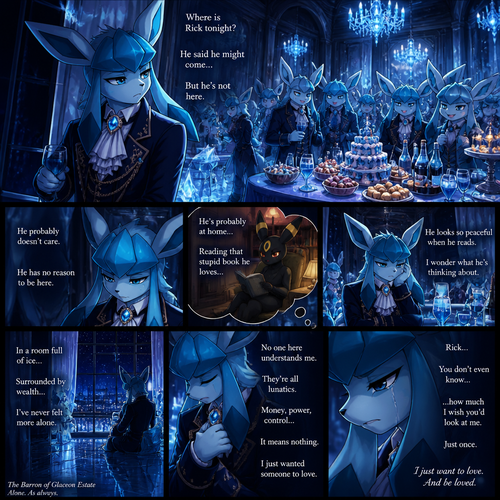 A very wealthy Glaceon (the male Barron) that wonders about a non-rich grown Umbreon male character (named Rick) who’s not coming and stayed at home reading while not around in his welcoming party. There were cakes and snacks also booze on each table. A well-animated version. All Glaceons. Inside the mansion. Has no real friends. Deep grief and loneliness. Wanted to see while thinking about Rick. Too dramatic and serious. Secretly gay and just wanted to love. Dislikes other billionaire lunatics.