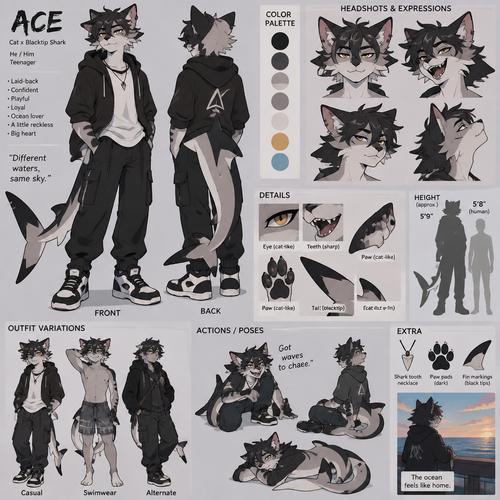A teenage male anthropomorphic cat and black tip shark hybrid named Ace, reference sheet, animated version 