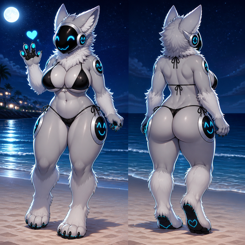 A busty (well-made female character) Protogen enjoys the free time at the beach at night. Animated version. Front/back view. Wears a bikini. Giving a friendly vibe. No tail just being fluffy.