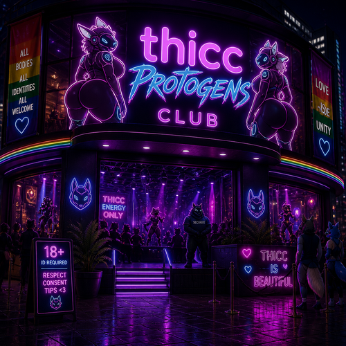 A LGBTQ strip club that says; thicc Protogens club. Well-made view.