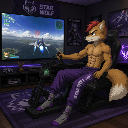 A high school aged Fox McCloud wearing tight purple Star Wolf sweatpants, shirtless showing 16 pack of abs, red mohawk, and Wolf O’Donnell themed socks. Playing a flight simulator game on a 75 inch tv in a game room with realistic flight controls. Anime art style, solo, full body.