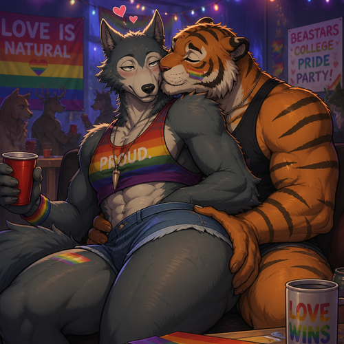 Legoshi the grown Wolf is celebrating at today’s pride month at the college party. Has thick thighs and big butt. Wears shorts and a necklace. Being cuddled by Bill the tiger. Getting some kisses in a cheek. 