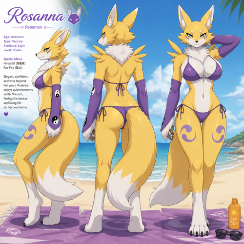 A well-made anthropomorphic female digimon character, Renamon. Her name is Rosanna. Getting a suntan around the beach. Has a fluffy chest. Animated verse. Her Side, back, and front views. So attractive and confident. Feeling a cool breeze.