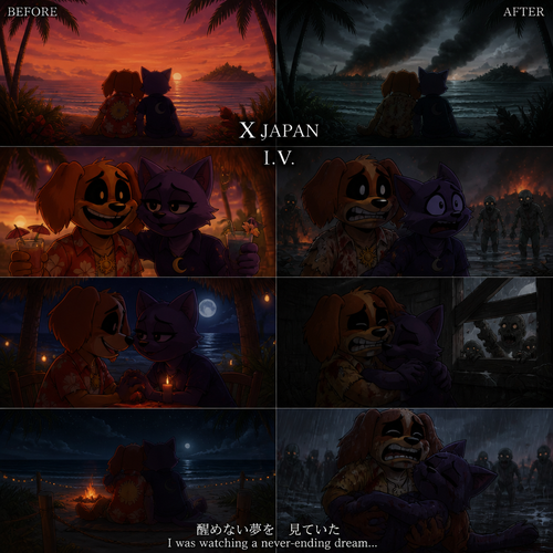 In this anthro critter verse, two soulmates; DogDay and his boyfriend Catnap both on vacation for some romantic on a paradise island before, but then after the zombie apocalypse just started not long ago. Well-made animation version. The song; X Japan, I.V.